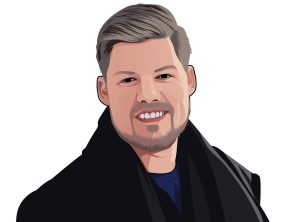 A digital illustration of a smiling man with short, light brown hair and a beard, wearing a dark coat and navy shirt, set against a plain white background.